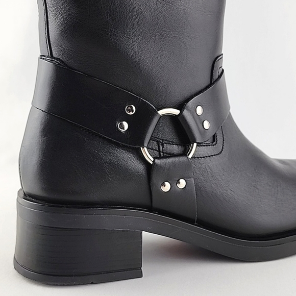 Yokono Women's Tall Black Leather Riding Biker Boots Strap Buckle Block Heel 39 - Picture 7 of 16